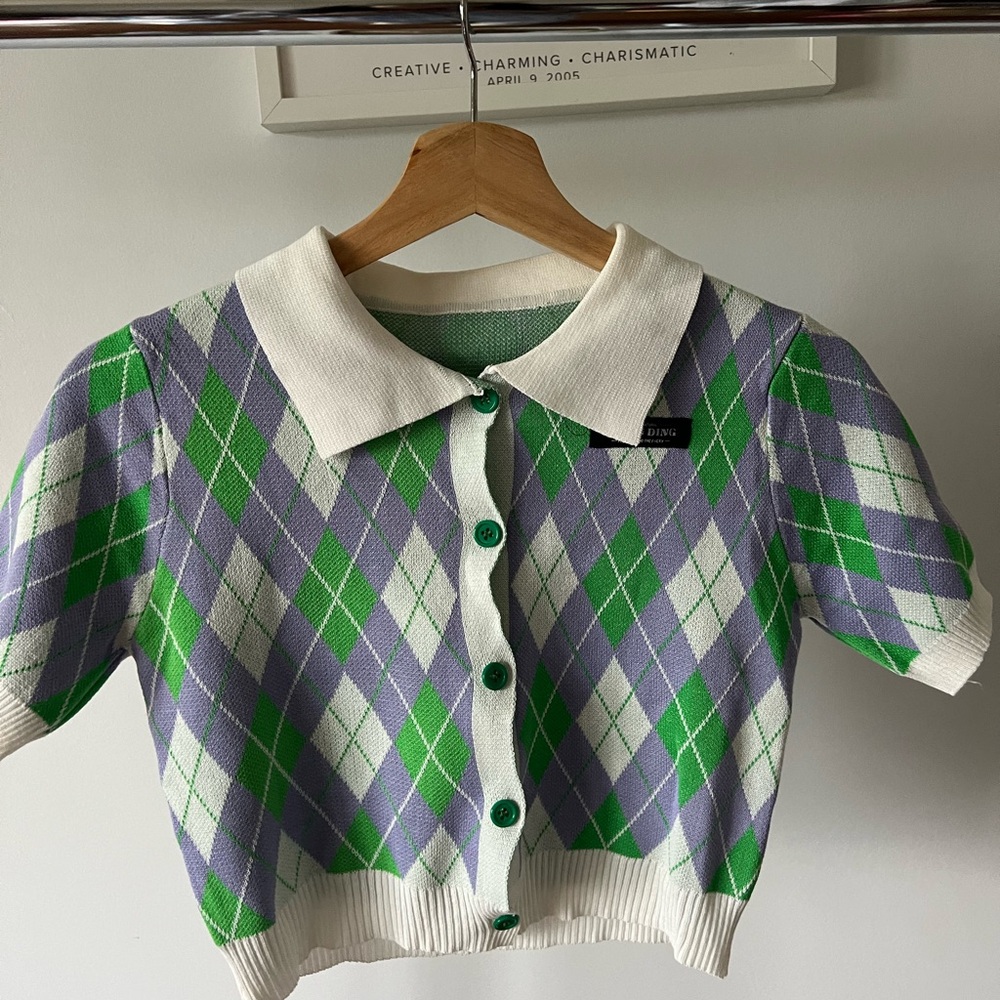 Green and Purple Argyle Cardigan